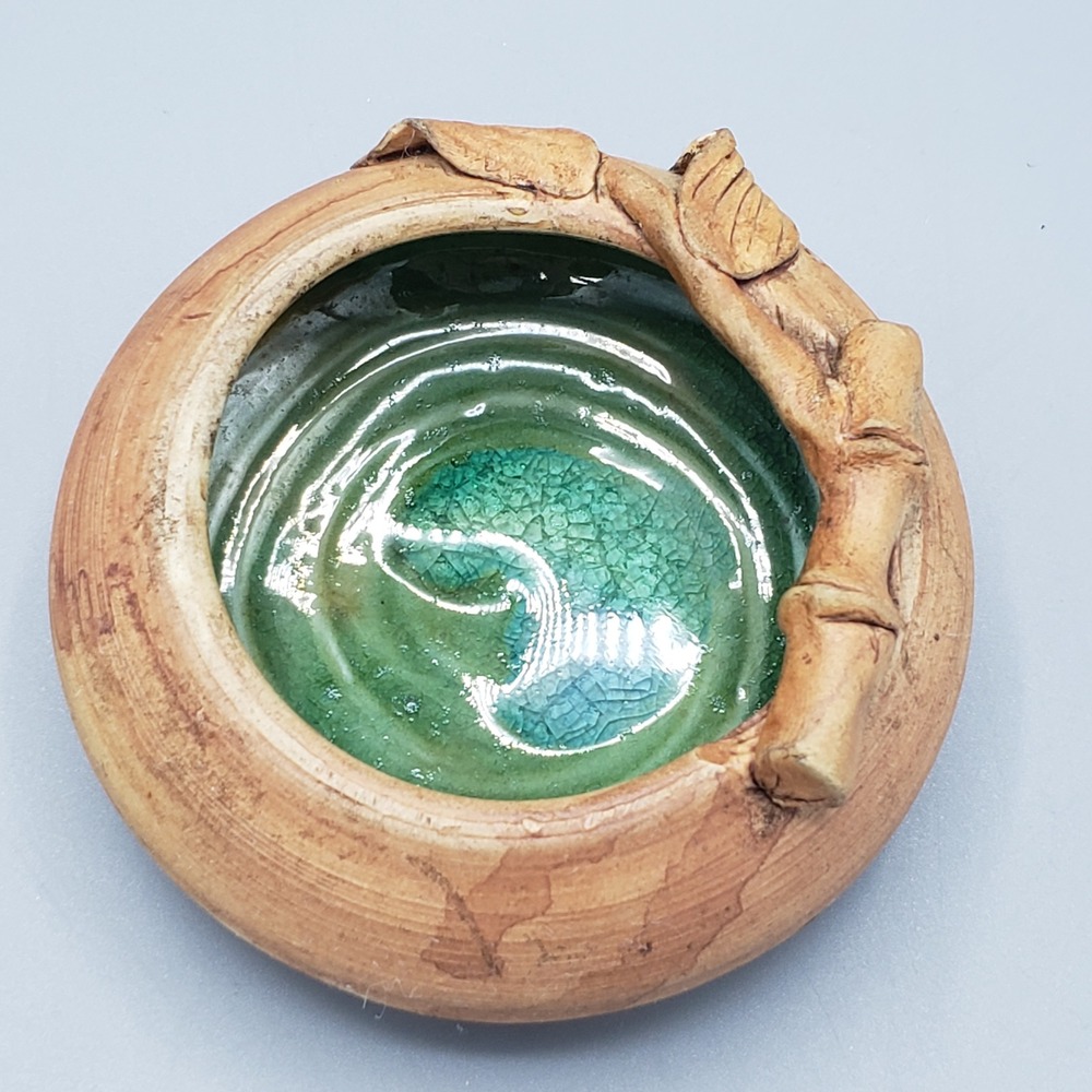 VTG Japanese Kutani Brush Washer Ikebana Bowl Planter Signed Green Sumi-e 60-80s